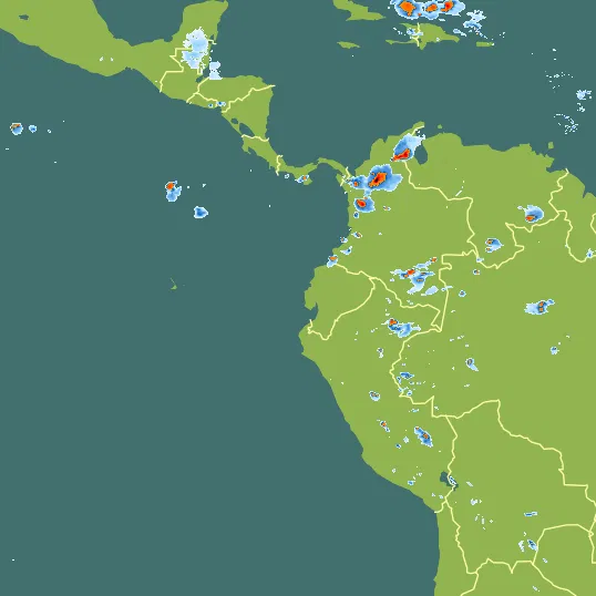 Map with Ecuador in the center and a precipitation layer on top.