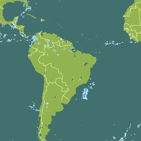 Map with Brazil in the center and a precipitation layer on top.