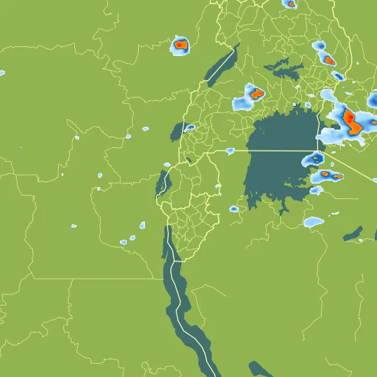 Map with Rwanda in the center and a precipitation layer on top.