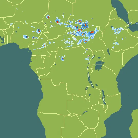 Map with Democratic Republic of the Congo in the center and a precipitation layer on top.