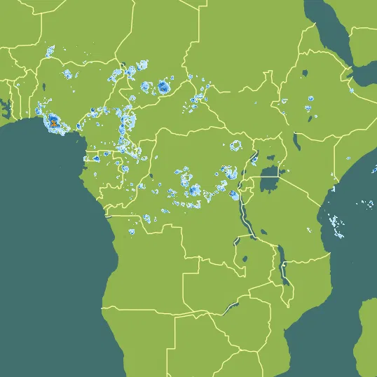 Map with Democratic Republic of the Congo in the center and a precipitation layer on top.