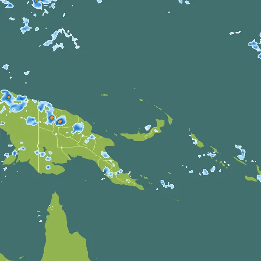 Map with Papua New Guinea in the center and a precipitation layer on top.