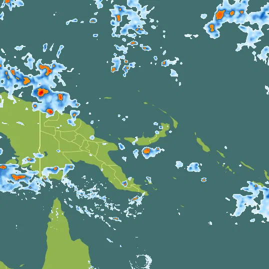 Map with Papua New Guinea in the center and a precipitation layer on top.