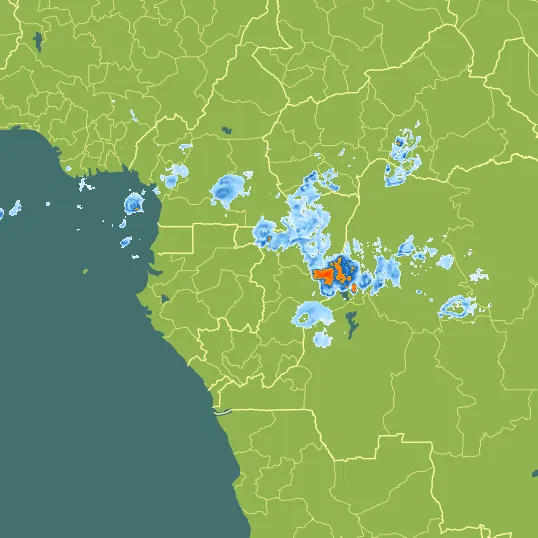 Map with Republic of the Congo in the center and a precipitation layer on top.