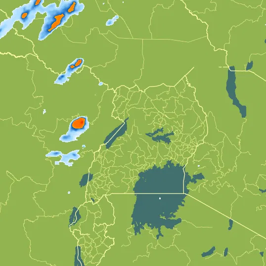 Map with Uganda in the center and a precipitation layer on top.