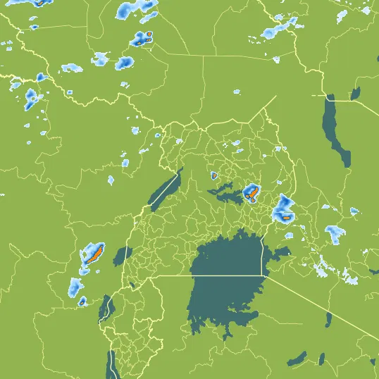 Map with Uganda in the center and a precipitation layer on top.