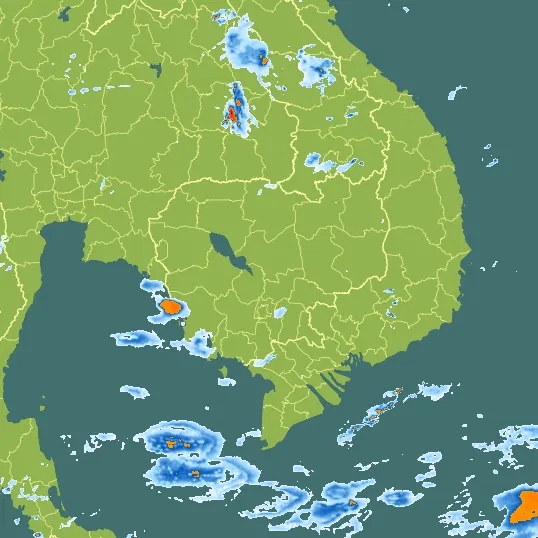 Map with Cambodia in the center and a precipitation layer on top.