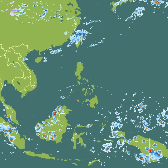 Map with Philippines in the center and a precipitation layer on top.