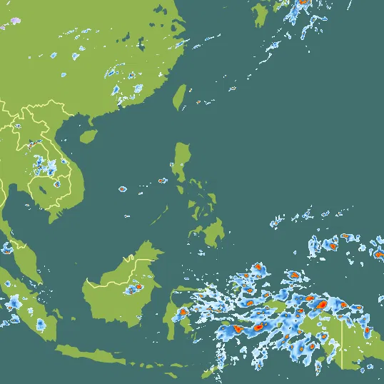 Map with Philippines in the center and a precipitation layer on top.