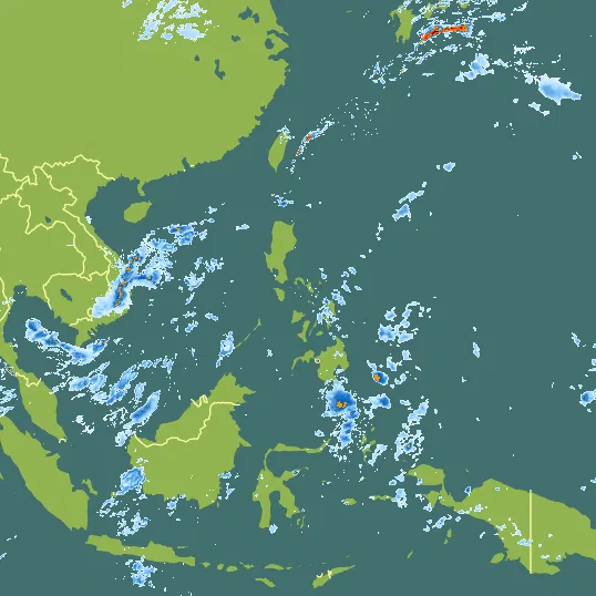 Map with Philippines in the center and a precipitation layer on top.