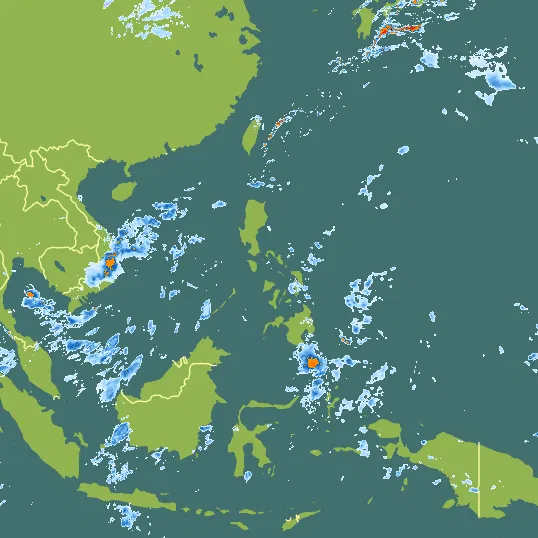 Map with Philippines in the center and a precipitation layer on top.