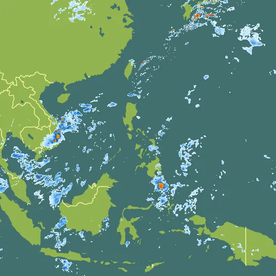 Map with Philippines in the center and a precipitation layer on top.