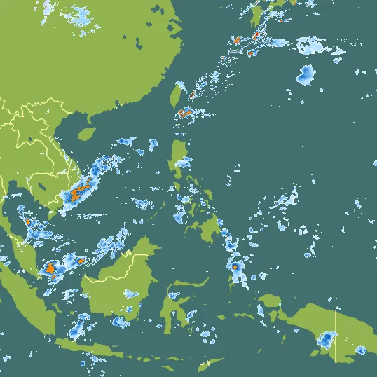 Map with Philippines in the center and a precipitation layer on top.