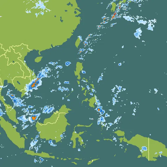 Map with Philippines in the center and a precipitation layer on top.