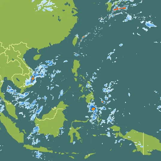Map with Philippines in the center and a precipitation layer on top.