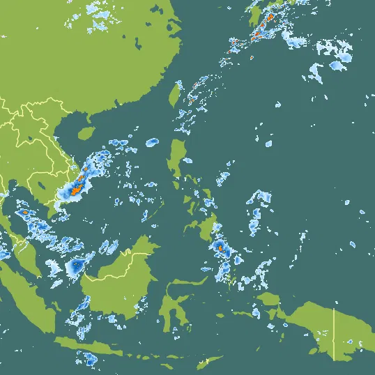 Map with Philippines in the center and a precipitation layer on top.