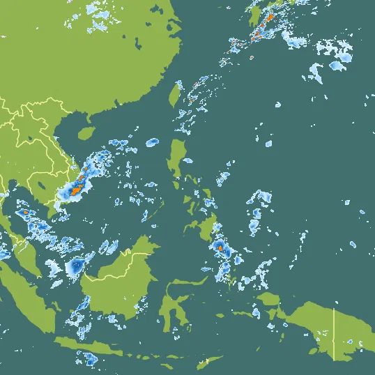 Map with Philippines in the center and a precipitation layer on top.