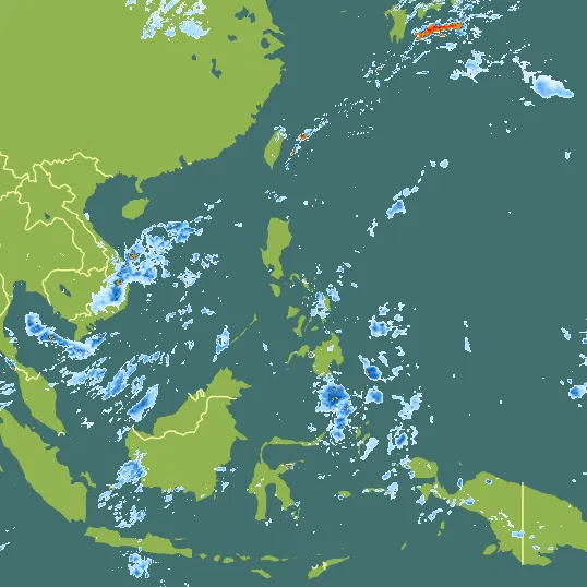 Map with Philippines in the center and a precipitation layer on top.