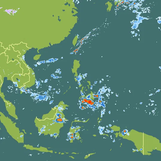 Map with Philippines in the center and a precipitation layer on top.