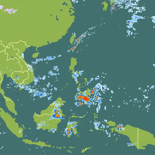Map with Philippines in the center and a precipitation layer on top.