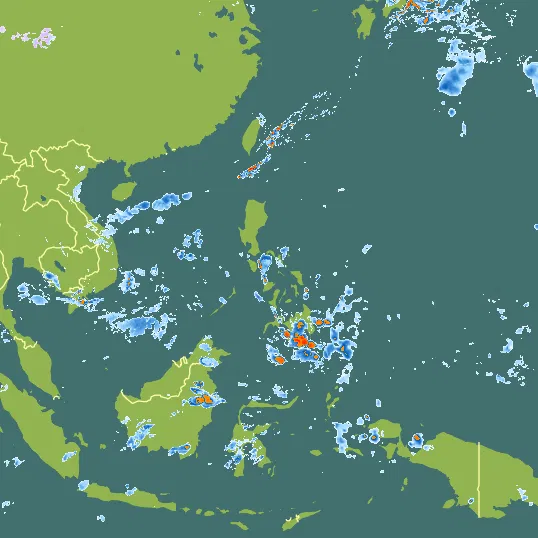 Map with Philippines in the center and a precipitation layer on top.