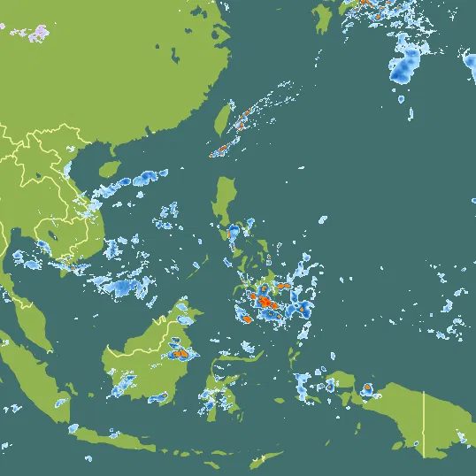 Map with Philippines in the center and a precipitation layer on top.