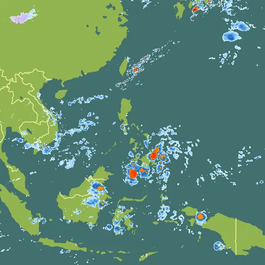 Map with Philippines in the center and a precipitation layer on top.
