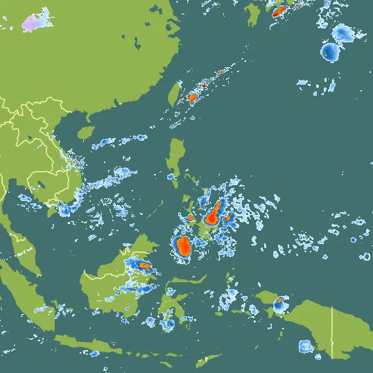 Map with Philippines in the center and a precipitation layer on top.
