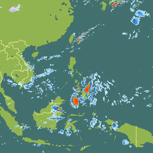 Map with Philippines in the center and a precipitation layer on top.