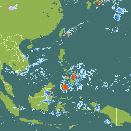 Map with Philippines in the center and a precipitation layer on top.