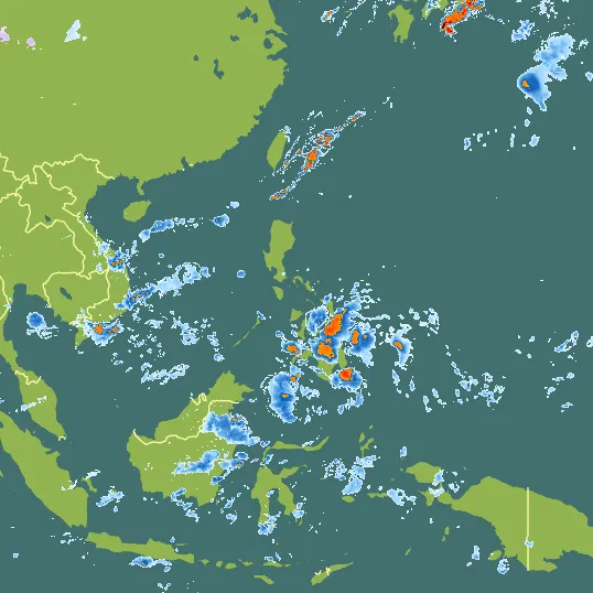 Map with Philippines in the center and a precipitation layer on top.