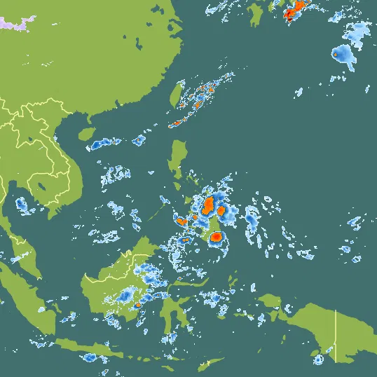 Map with Philippines in the center and a precipitation layer on top.