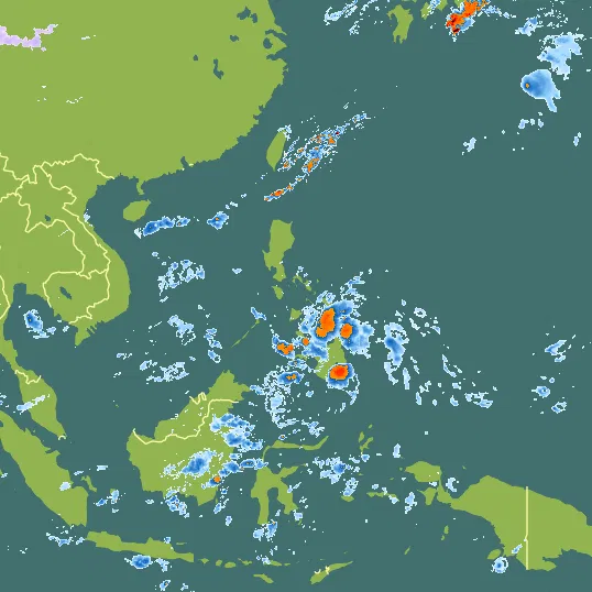 Map with Philippines in the center and a precipitation layer on top.