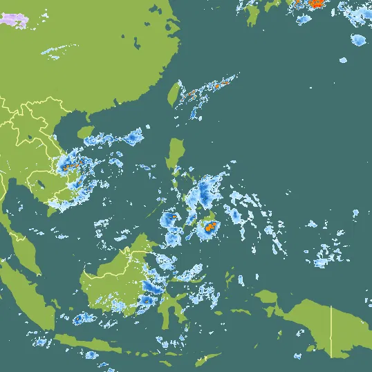 Map with Philippines in the center and a precipitation layer on top.