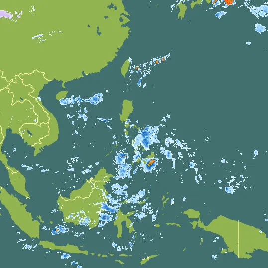 Map with Philippines in the center and a precipitation layer on top.