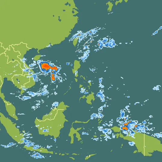 Map with Philippines in the center and a precipitation layer on top.
