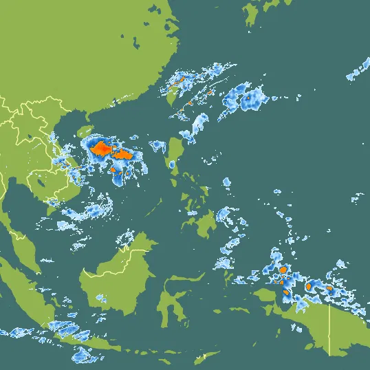 Map with Philippines in the center and a precipitation layer on top.