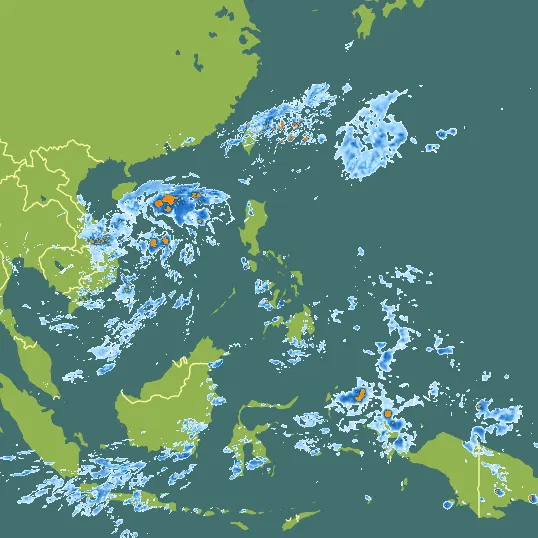Map with Philippines in the center and a precipitation layer on top.