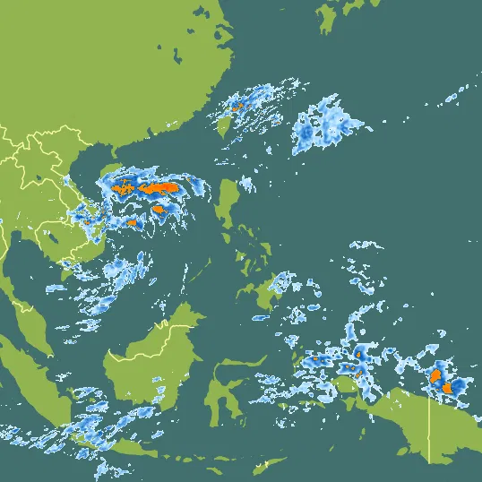 Map with Philippines in the center and a precipitation layer on top.