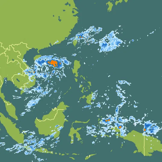 Map with Philippines in the center and a precipitation layer on top.