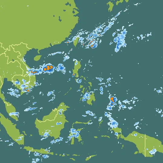Map with Philippines in the center and a precipitation layer on top.