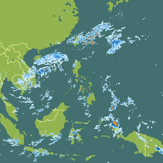 Map with Philippines in the center and a precipitation layer on top.