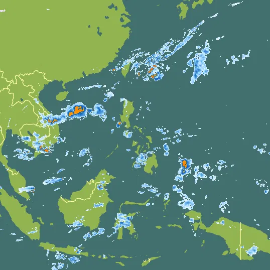 Map with Philippines in the center and a precipitation layer on top.