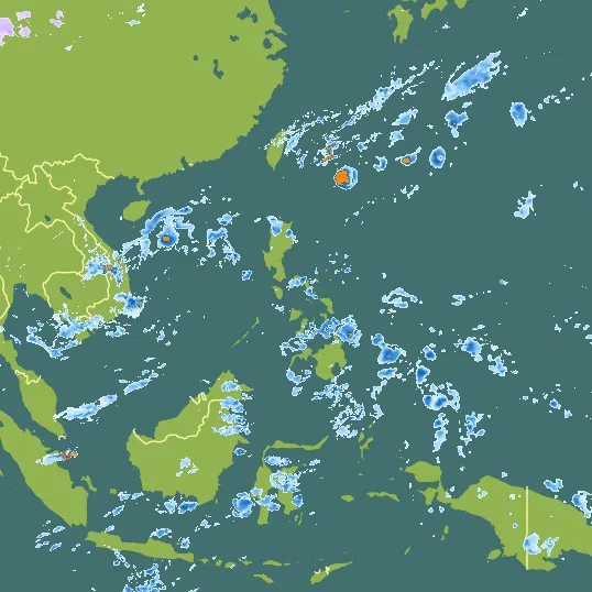 Map with Philippines in the center and a precipitation layer on top.