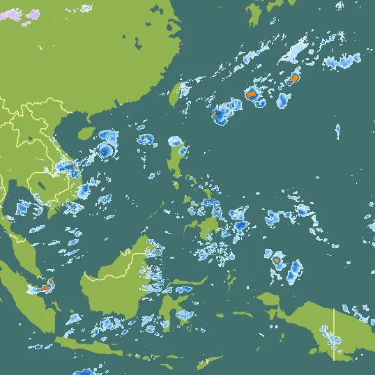 Map with Philippines in the center and a precipitation layer on top.