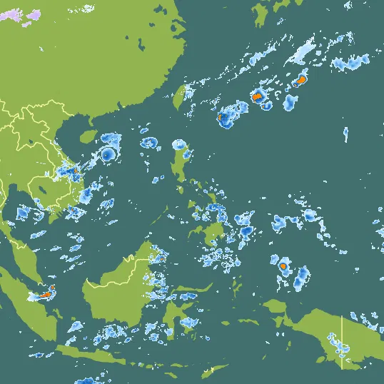 Map with Philippines in the center and a precipitation layer on top.