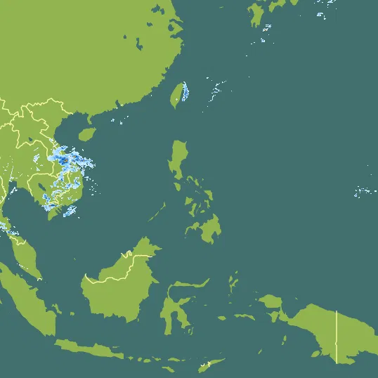 Map with Philippines in the center and a precipitation layer on top.