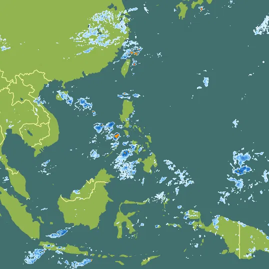 Map with Philippines in the center and a precipitation layer on top.
