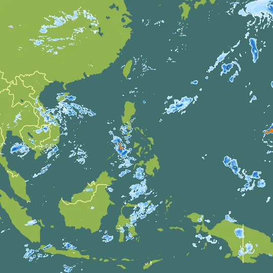 Map with Philippines in the center and a precipitation layer on top.