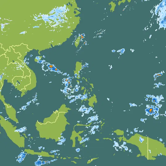 Map with Philippines in the center and a precipitation layer on top.